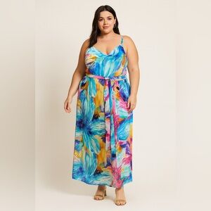 Bisou Bisou Multicolor Watercolor Floral Maxi Dress‎ Size 16